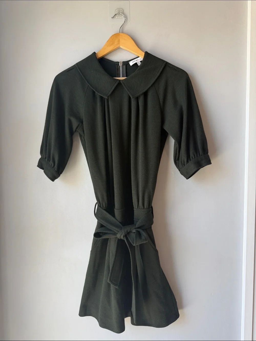 See By Chloe Wool Blend Peter Pan Baby Doll Dark Green Dress